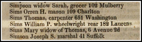 William Peck Sims in Longworth's 1829 New York City Directory